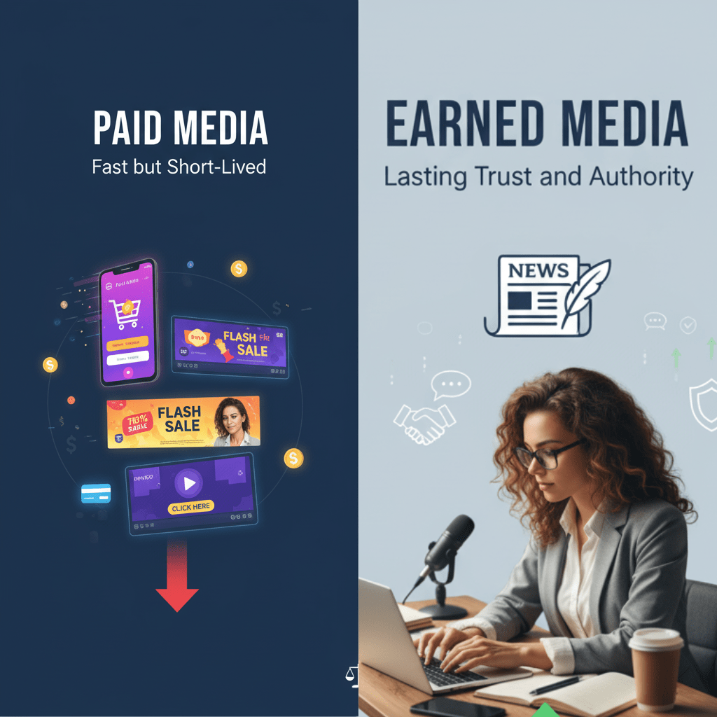 Media placements for startups highlighting the difference between paid ads and earned media credibility.