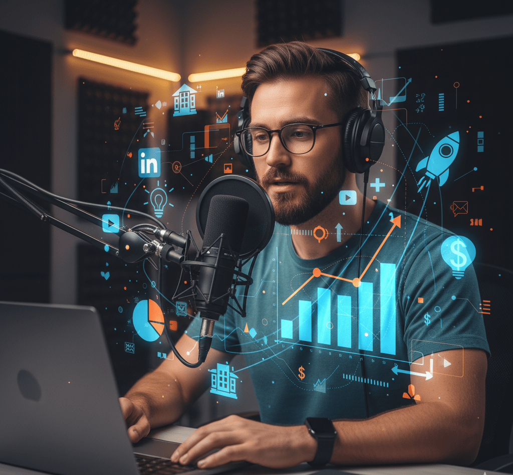 Creative illustration of PR for startups and brand reputation management through podcasts.