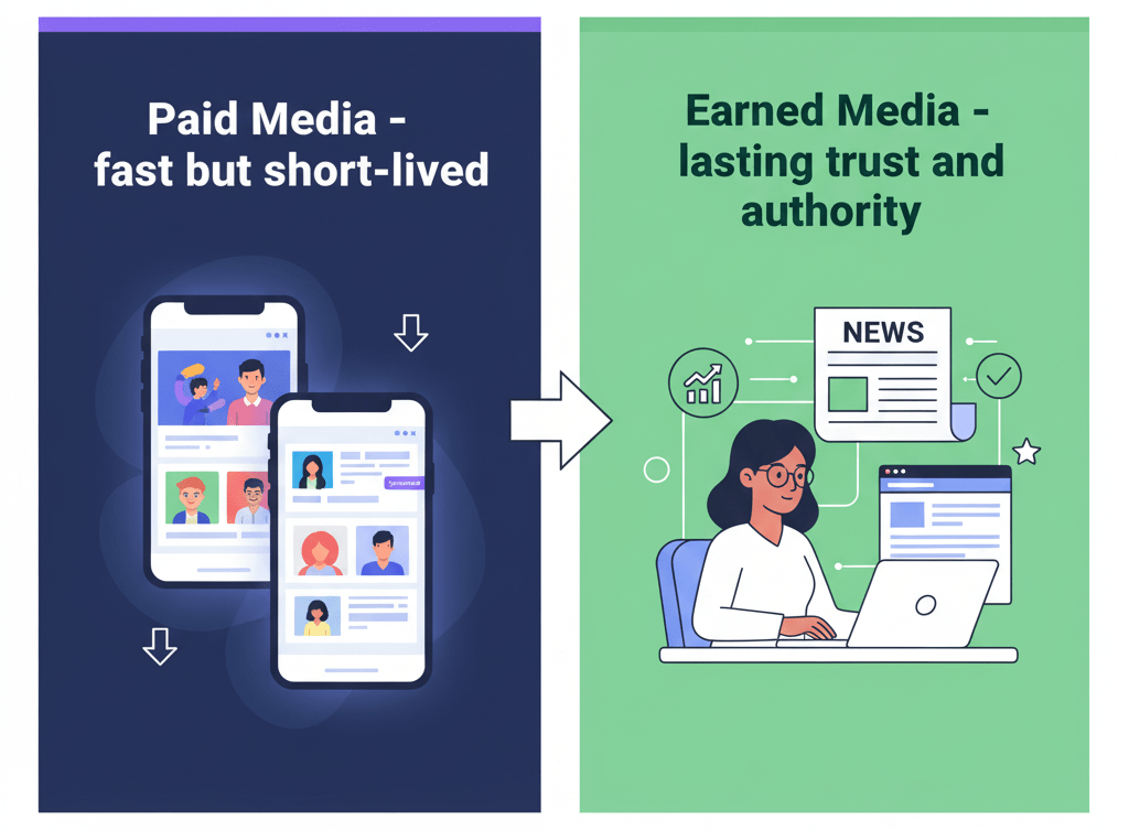 Media placements for startups highlighting the difference between paid media and earned media strategies.