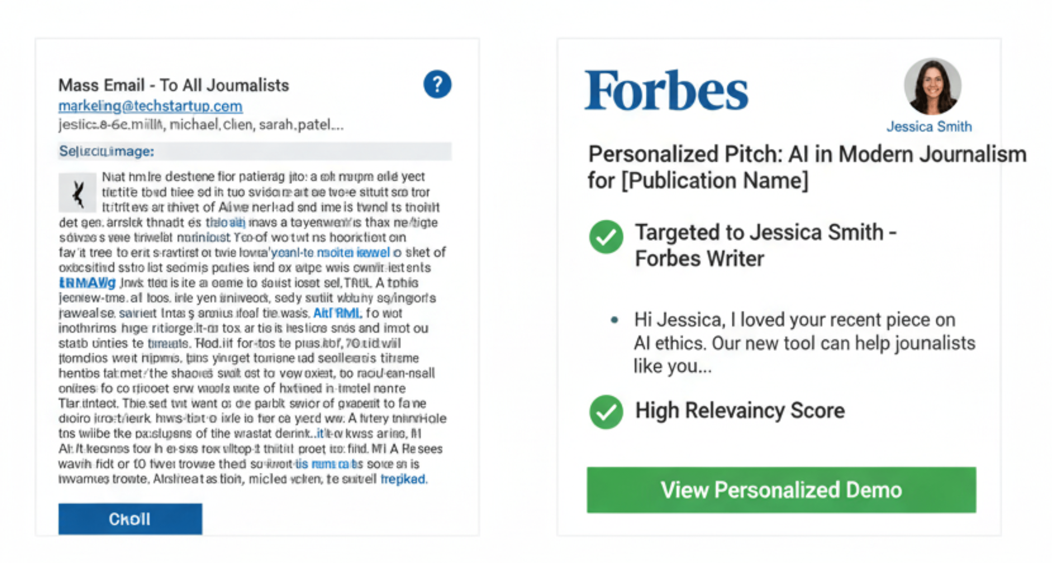 Media pitch examples showing the difference between generic templates and targeted journalist research for better results