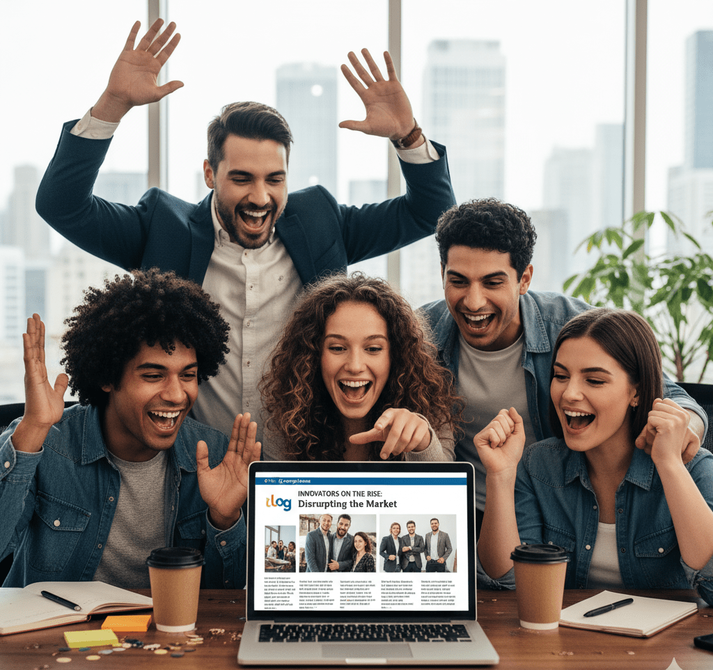 Startup team celebrating successful media placements for startups that helped them get published