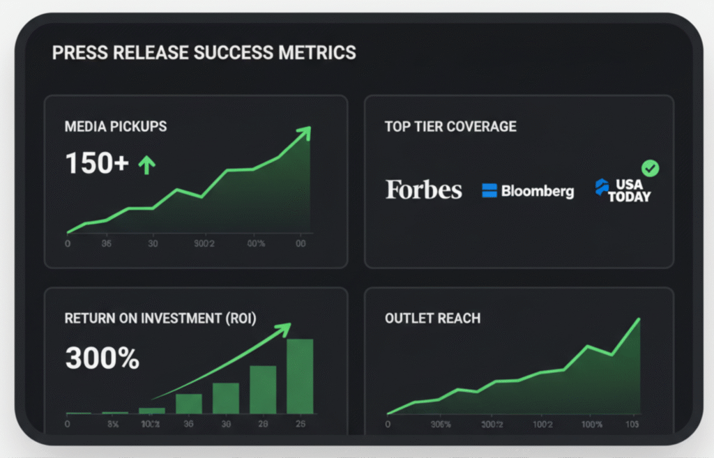 Best Press Release Companies results dashboard showing successful press release distribution metrics and guaranteed media placements