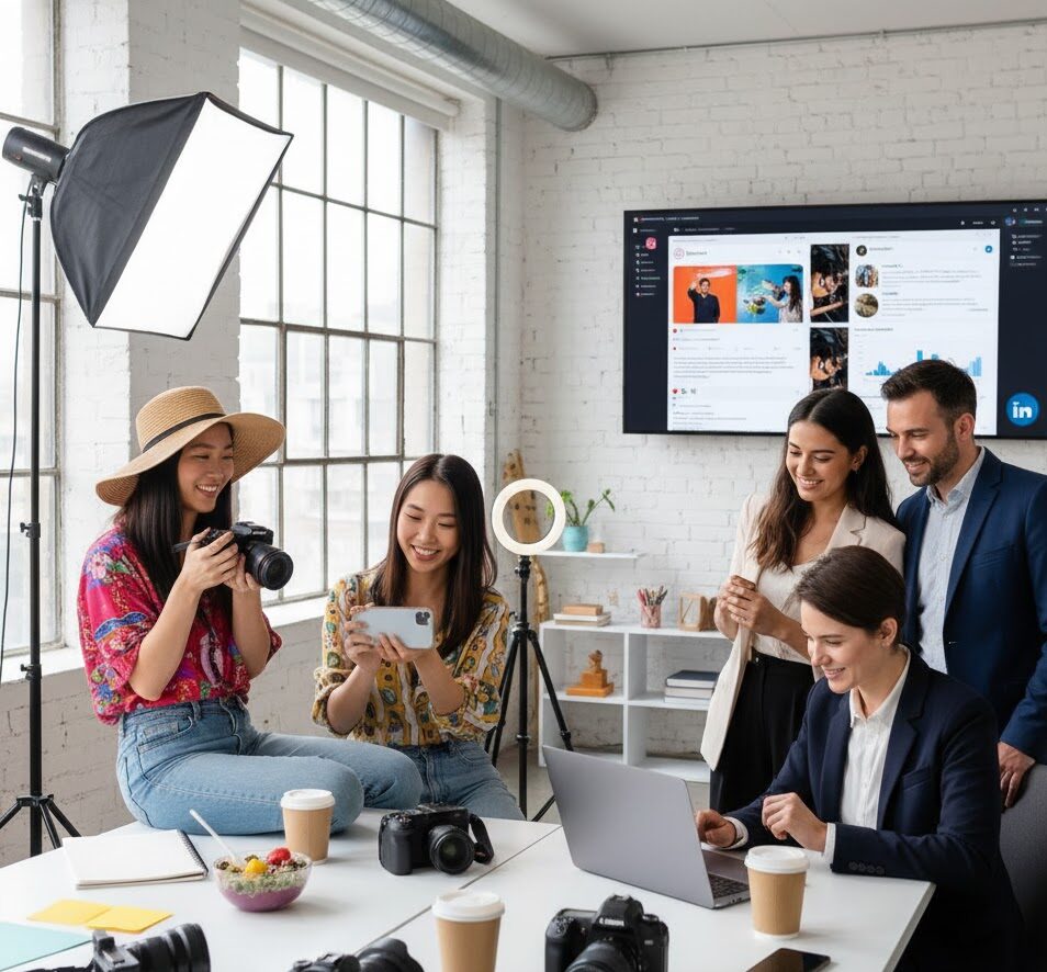 Influencers and brand team collaborating to create cross-platform PR content