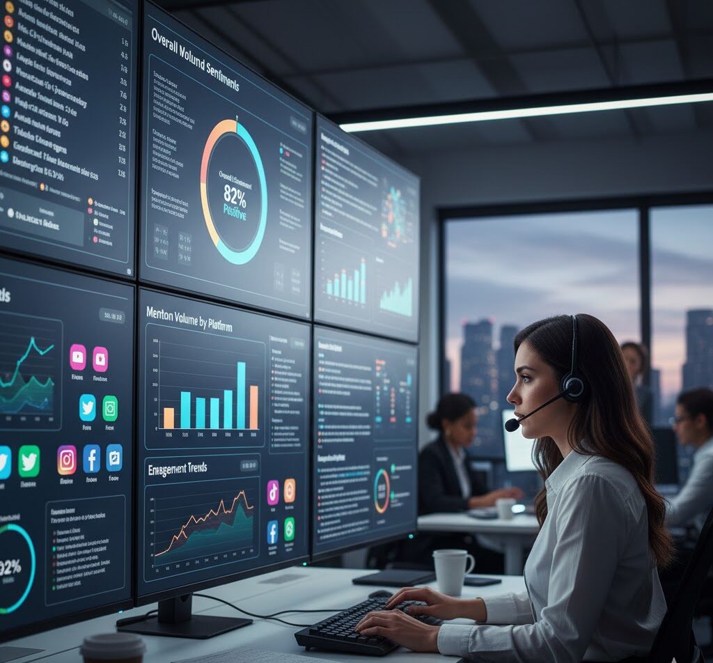 PR specialist tracking brand mentions on social media for crisis management