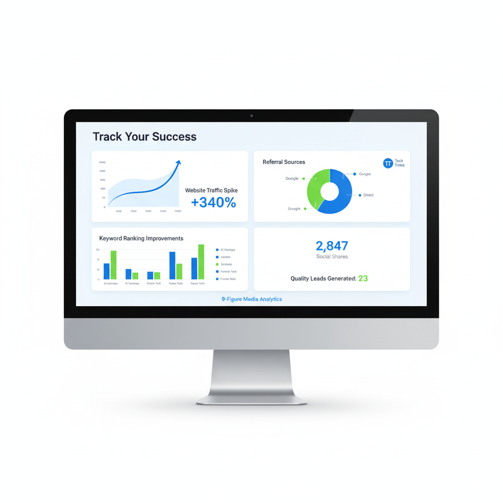  Tech media coverage for startups' ROI dashboard measuring Tech Times feature impact and startup media coverage results