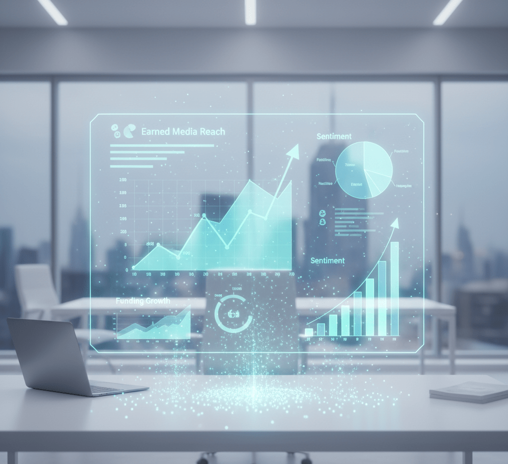 Futuristic analytics dashboard illustrating measurable ROI from startup PR and brand reputation efforts