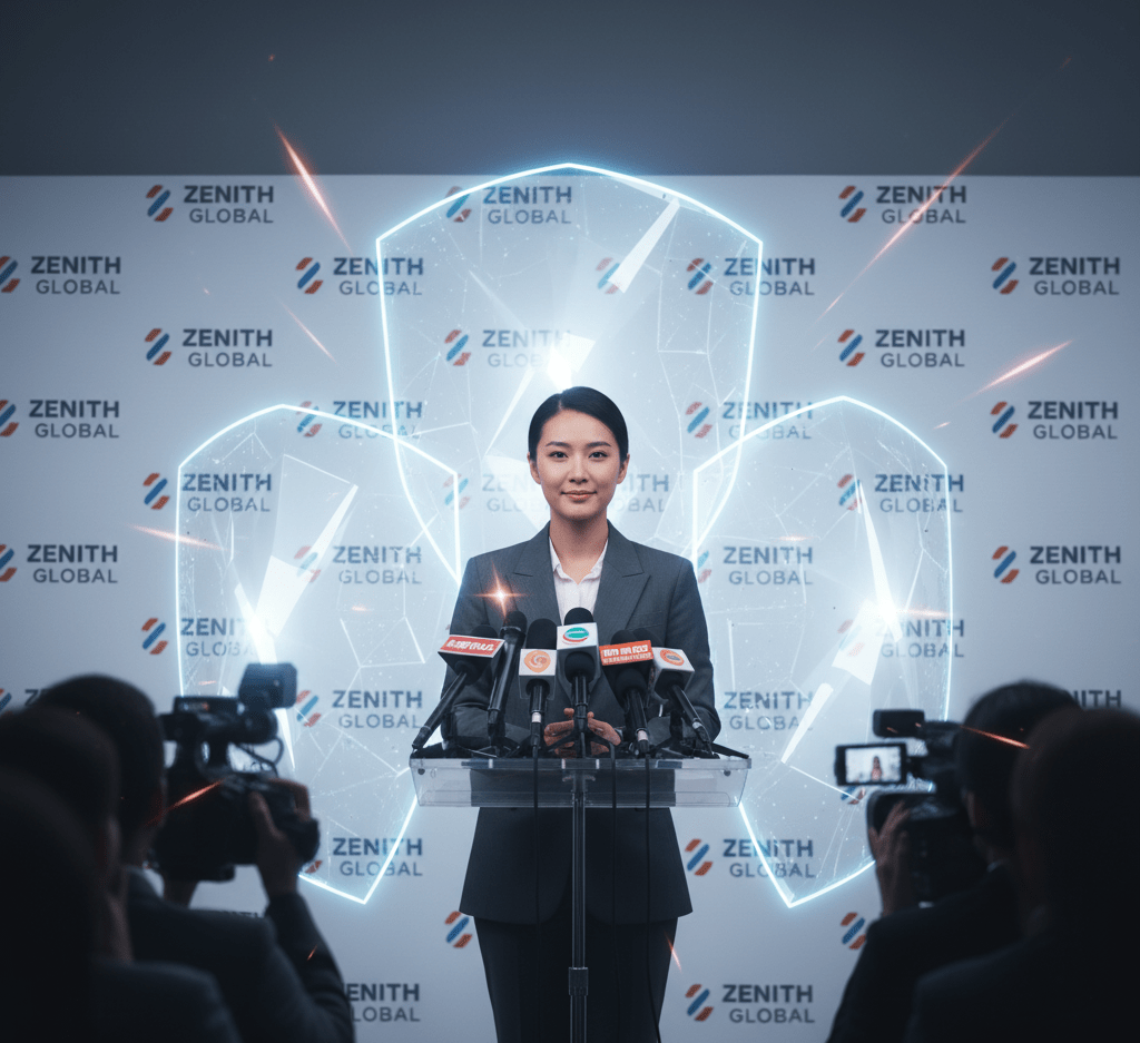 A startup leader managing press with confidence symbolizing a strong brand reputation protection during crises