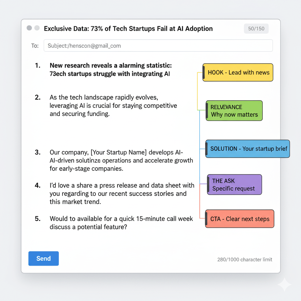 How to get featured on tech websites with a perfect pitch email template showing PR tips for tech startups