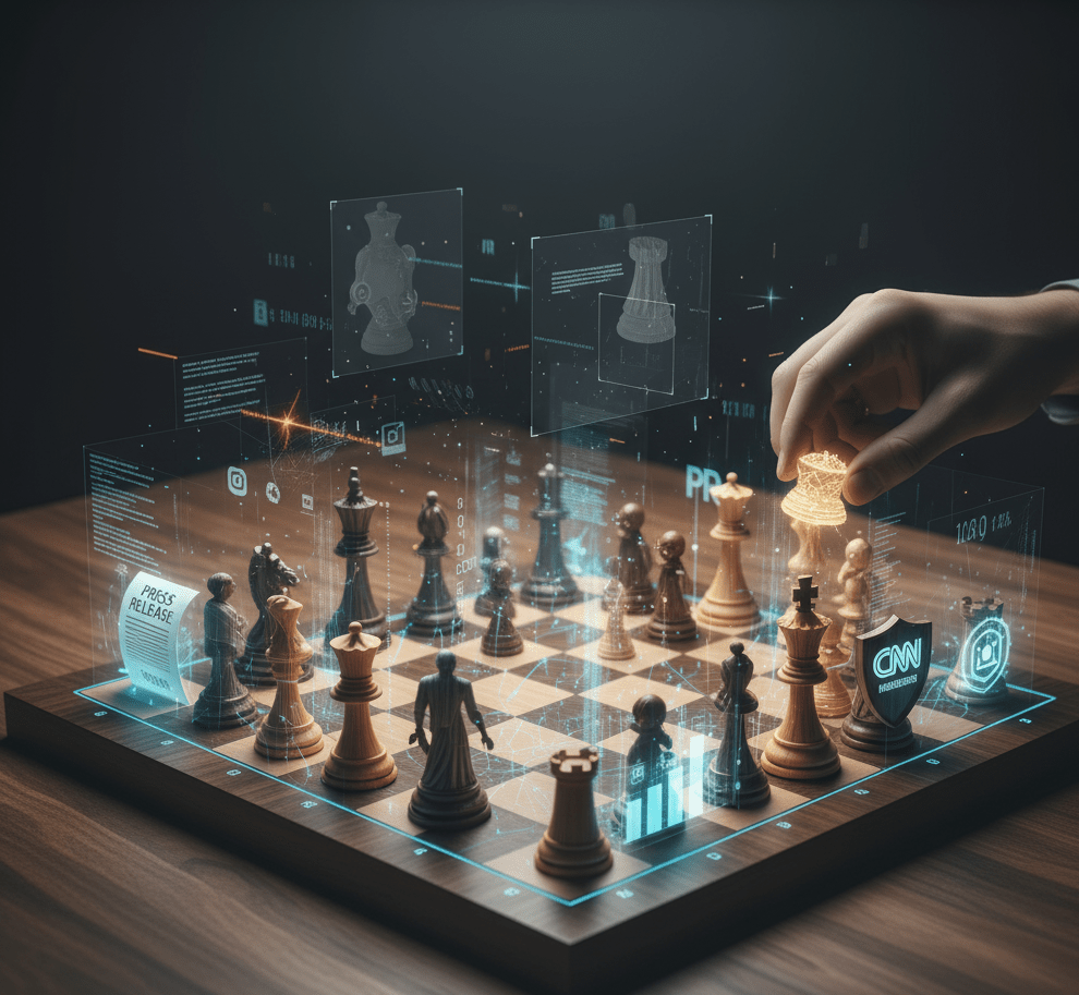 Symbolic chessboard depicting strategic PR moves startups use to dominate their markets