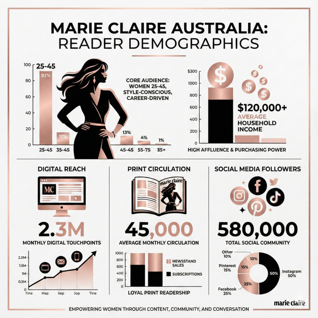 Marie Claire Australia audience demographics infographic showing reader age, income, and reach for fashion brands
