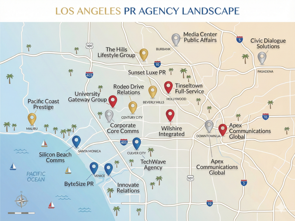Map of top Public Relations Agencies Los Angeles by specialty and location