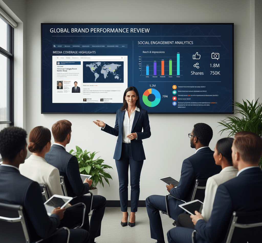 Marketing executive presenting PR and social media success metrics in a modern workspace