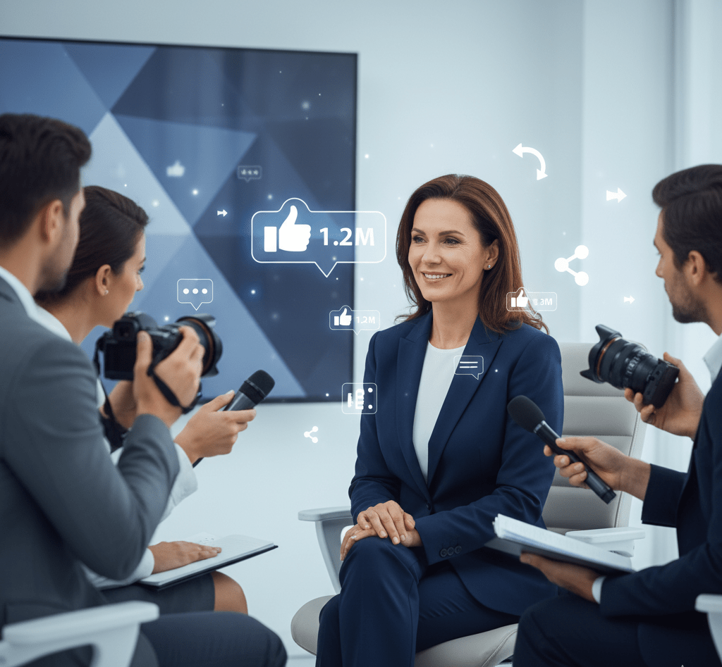 Business thought leader being interviewed as social media engagement visuals appear behind.