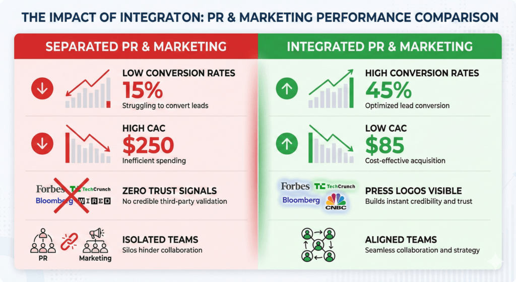 Public Relation and Marketing integration comparison showing conversion rate improvements and cost reductions for startups