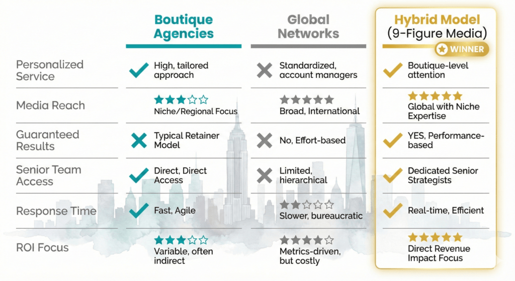 PR Firms New York comparison chart: boutique vs global vs hybrid agency models for ROI