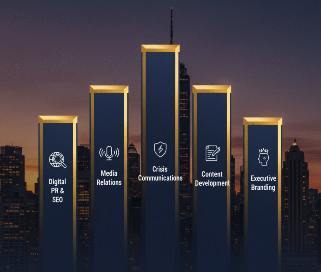 New York Public Relations Agency core service pillars including digital PR SEO media relations and crisis communications infographic