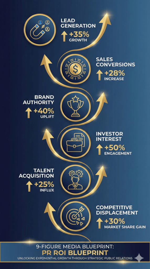 PR Firms New York City ROI framework showing six business outcomes from strategic PR investments