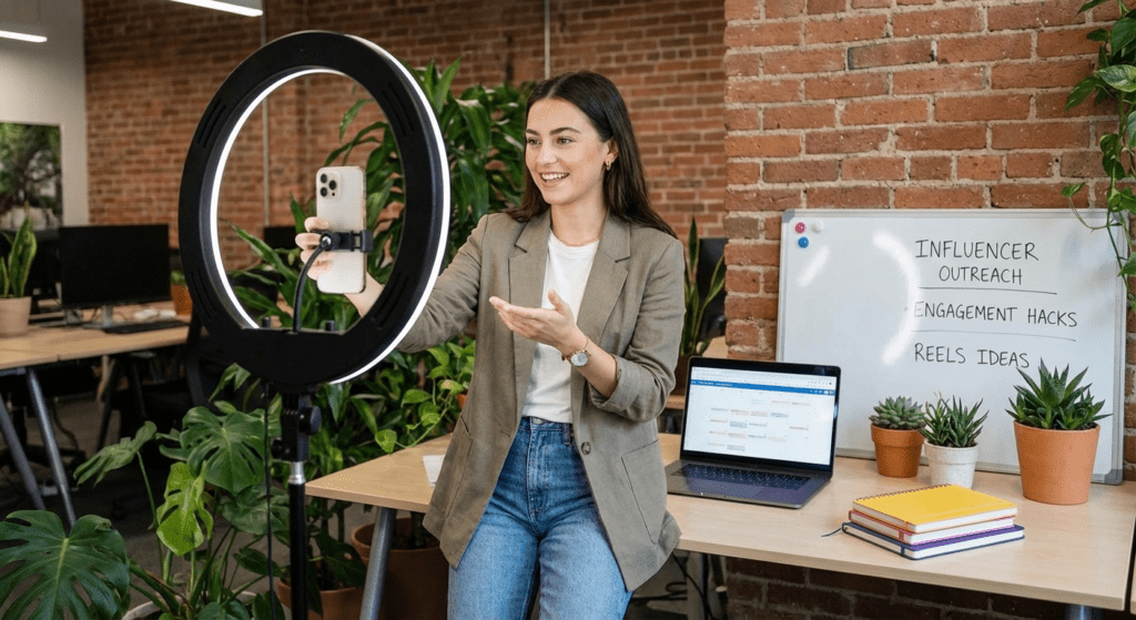 Social media strategist creating short-form content in a creative workspace for digital PR campaigns