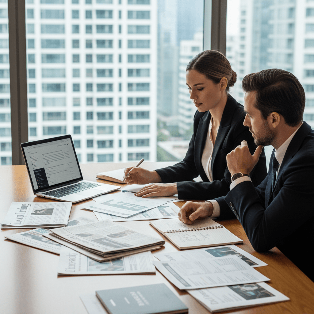 Business professional meeting clients with visible earned media credibility and press features