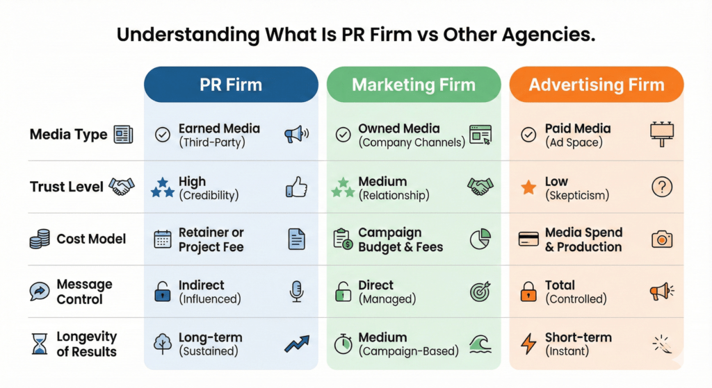 Comparison chart explaining what is PR firm is versus marketing and advertising agencies, showing key differences in earned and paid media approaches