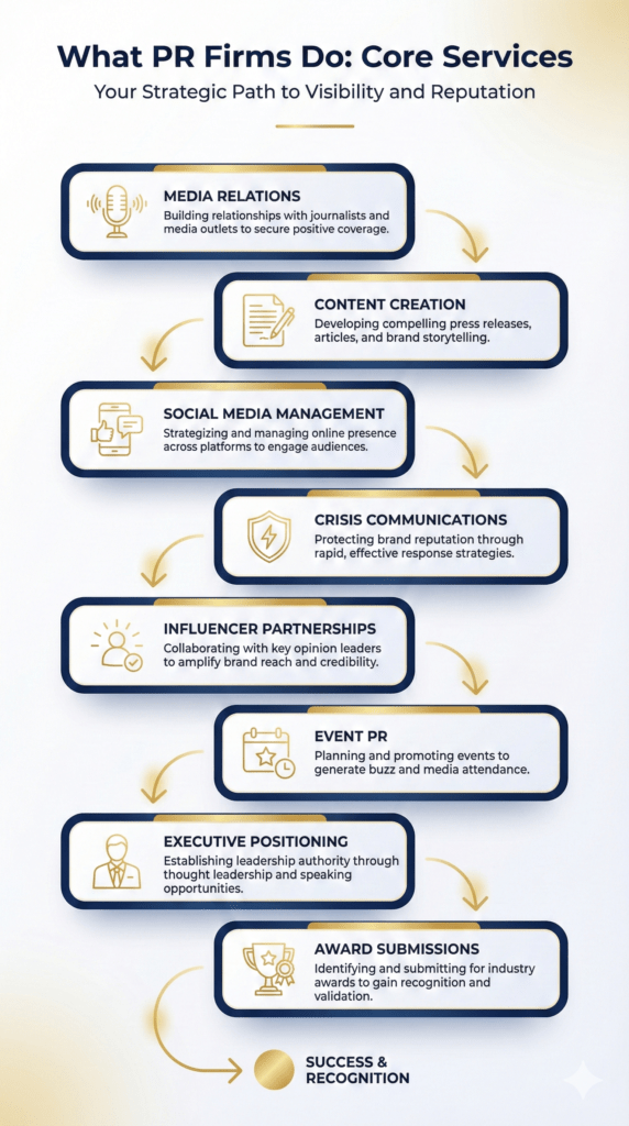 Infographic showing what PR firms do, including eight core services every public relations firm offers to clients