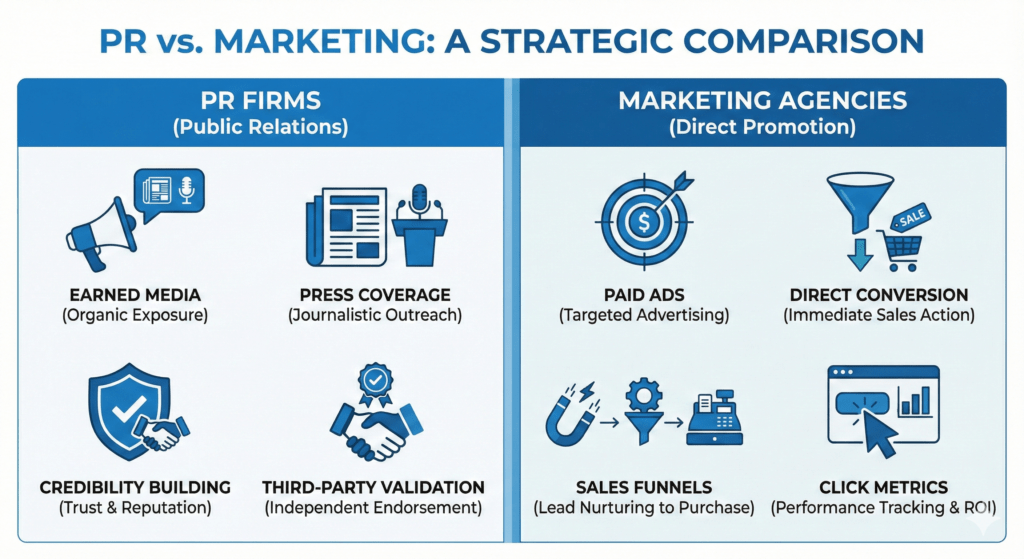 What PR firms do compared to marketing agencies, showing key differences in strategy and approach