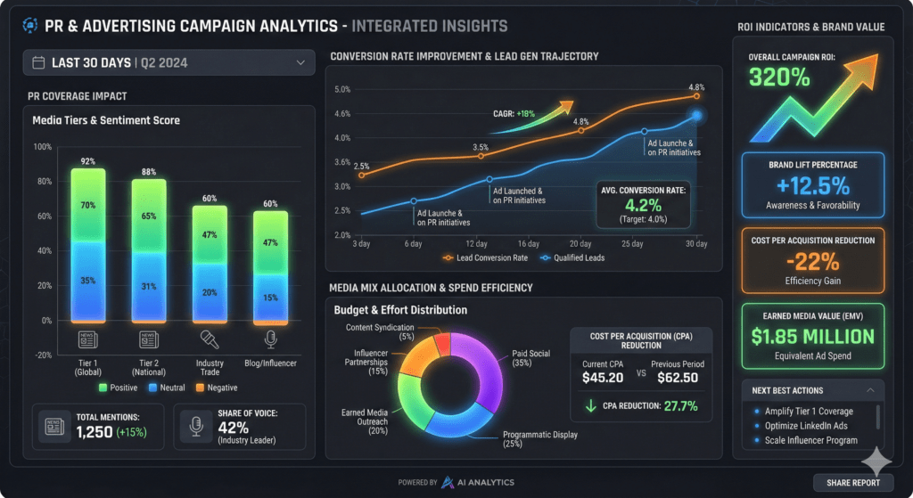 Public Relation Advertising ROI dashboard displaying campaign success metrics for integrated PR and advertising measurement