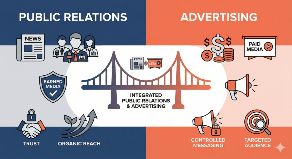 Public Relation Advertising infographic comparing how public relations and advertising differ in paid versus earned media strategies