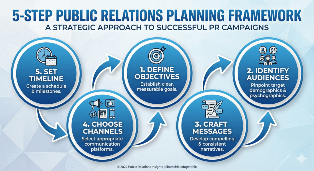 Public Relations and Communication plan framework showing five essential strategic planning steps for businesses