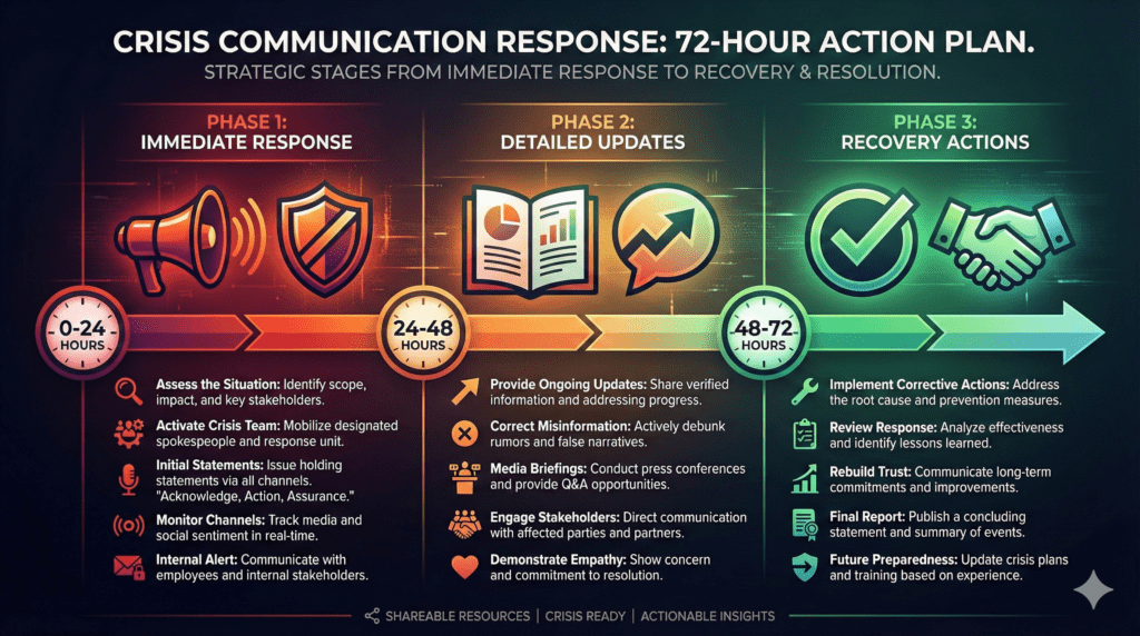 Public Relations and Crisis Communication response timeline showing essential actions during the first 72 hours