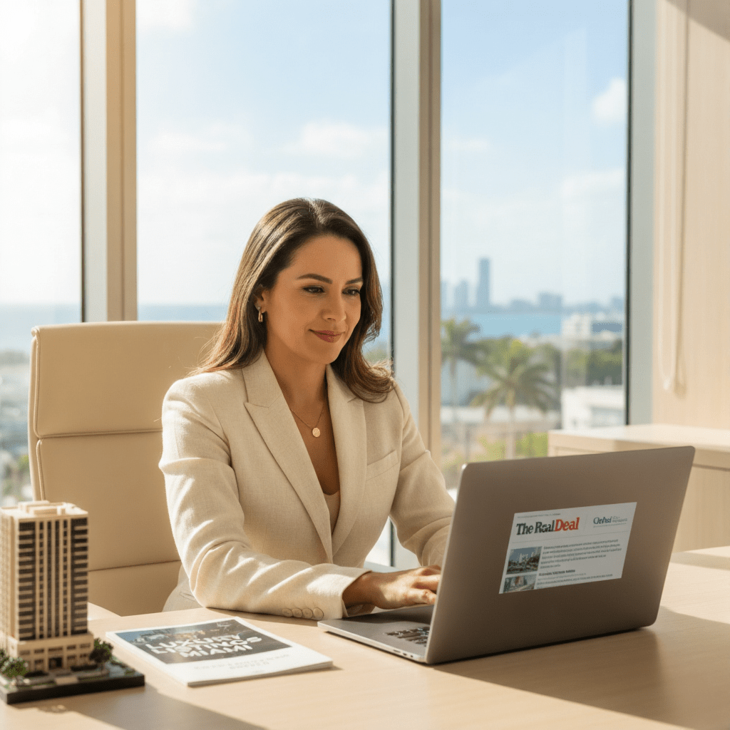 Miami real estate professional reviewing earned media coverage on a laptop in a modern office