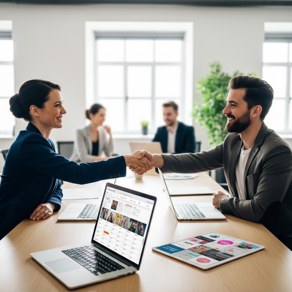 Brand executive and influencer forming long-term strategic partnership in modern office.