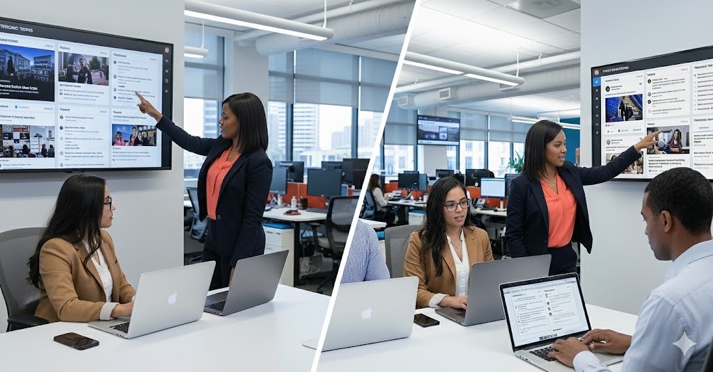 Marketing team analyzing influencer campaign performance metrics and revenue dashboards.