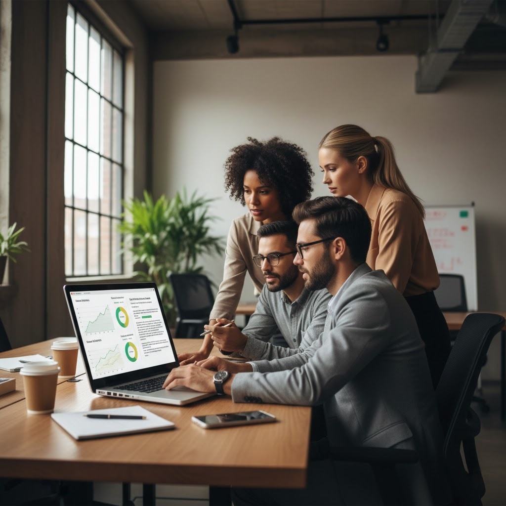 AI-powered PR team in a startup office using digital tools for media monitoring and content strategy.
