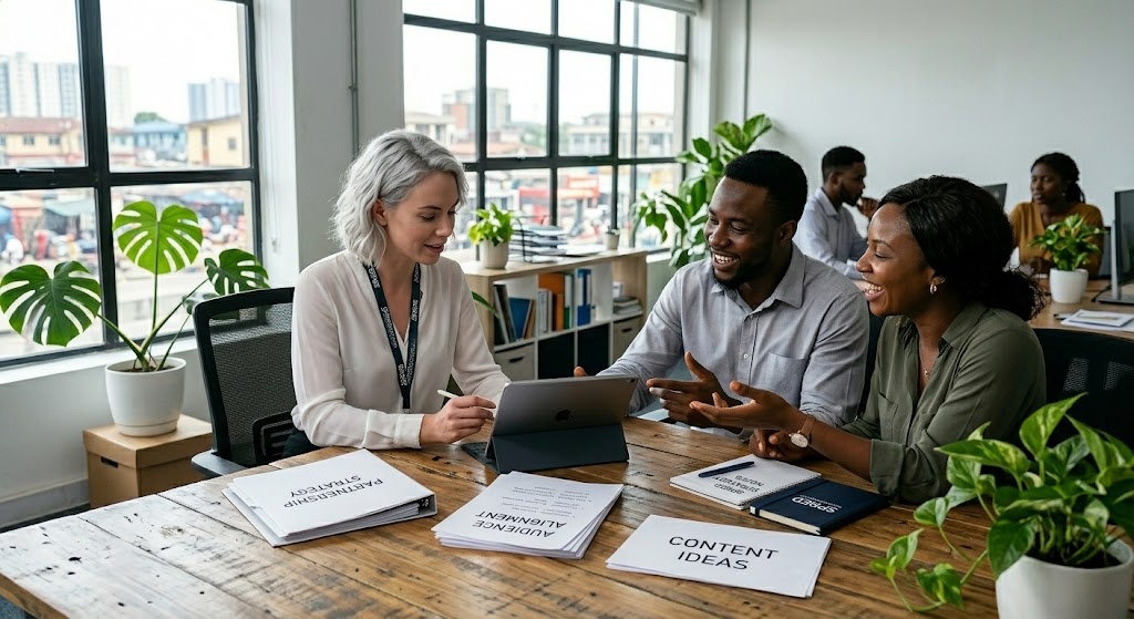Brand team and content creator planning authentic influencer partnership strategy