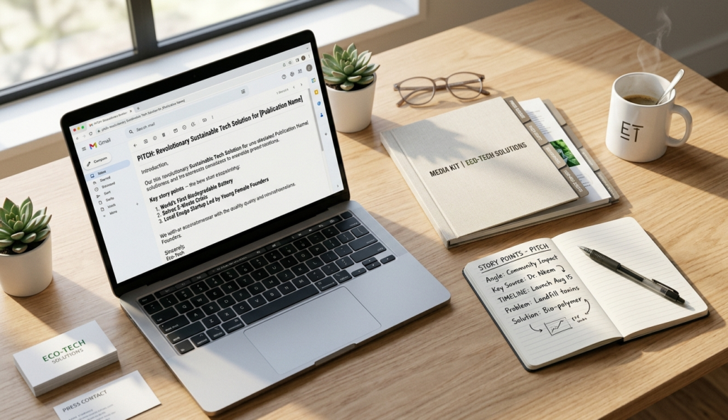 Coach or consultant building a PR media kit and press pitch strategy on a professional desk