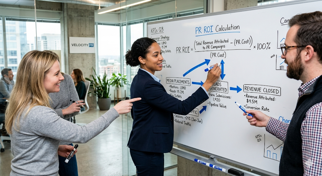 PR team mapping an ROI measurement framework on a whiteboard, connecting media placements to pipeline revenue