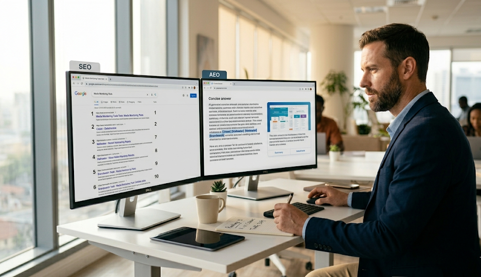 Digital marketer comparing AEO vs SEO strategy on dual screens in a modern office