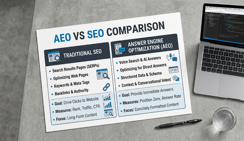 Infographic comparing AEO vs SEO side by side, showing key differences in goals, tools, and content structure